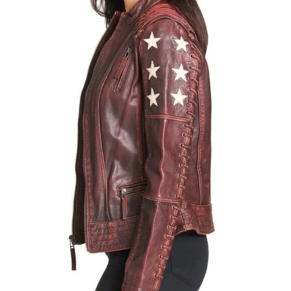 Wilsons Vintage Women USA Stars Stripes Leather Jacket Red Brown M Motorcycle - Picture 2 of 12